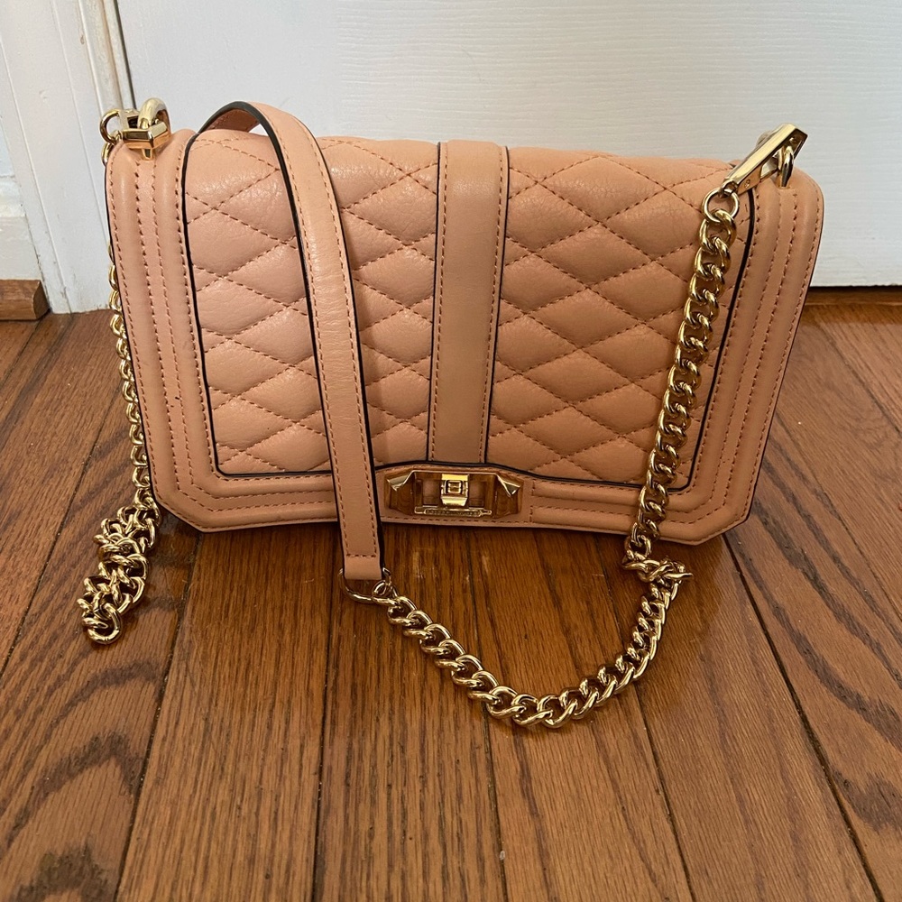 Rebecca Minkoff Quilted Peach Crossbody Bag with Gold Chain